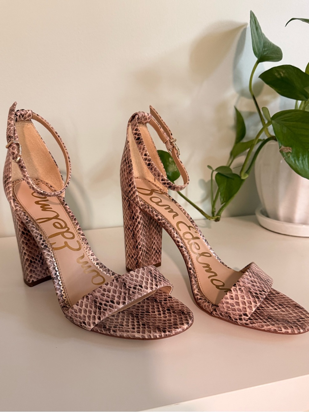 *NWOT* Sam Edelman Leather Snakeskin Print Ankle-Strap Block Heels